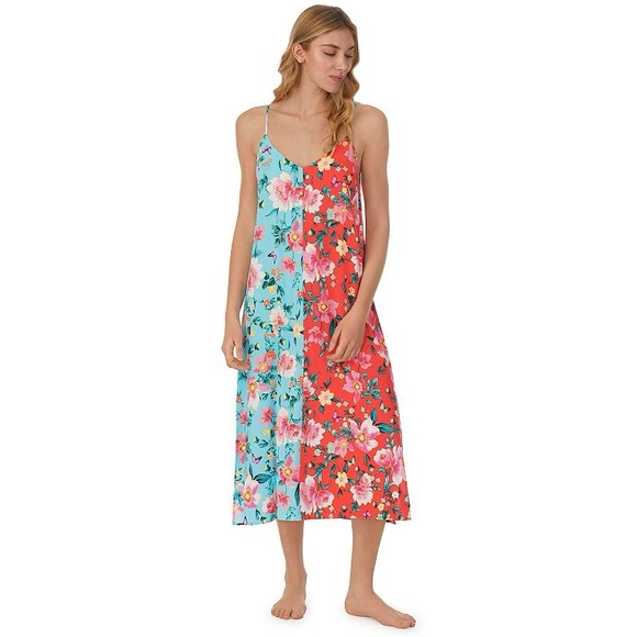 💛 Floral Midi Dress in Blue and Coral Bin J - Picture 3 of 4